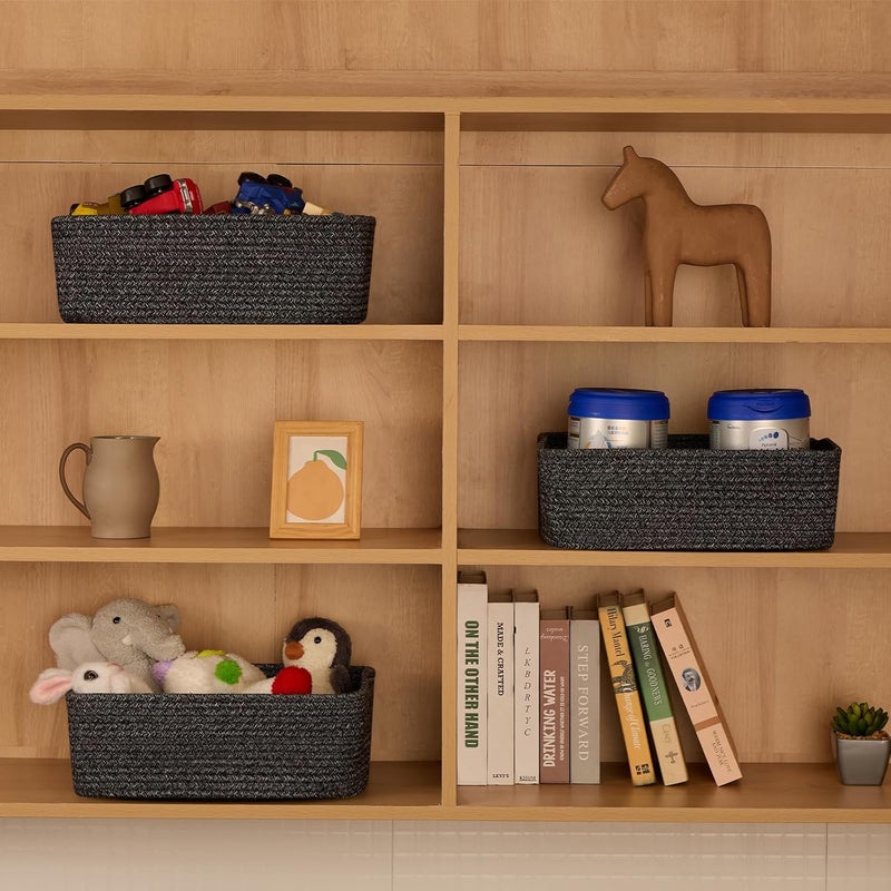 MiniArk Large Shallow Organizing Baskets 15x11x5.1 Inches - Rope Woven Storage Bins for Bathroom, Shelves, Cube Closet, Mixed Black 3 Packs - Image 3
